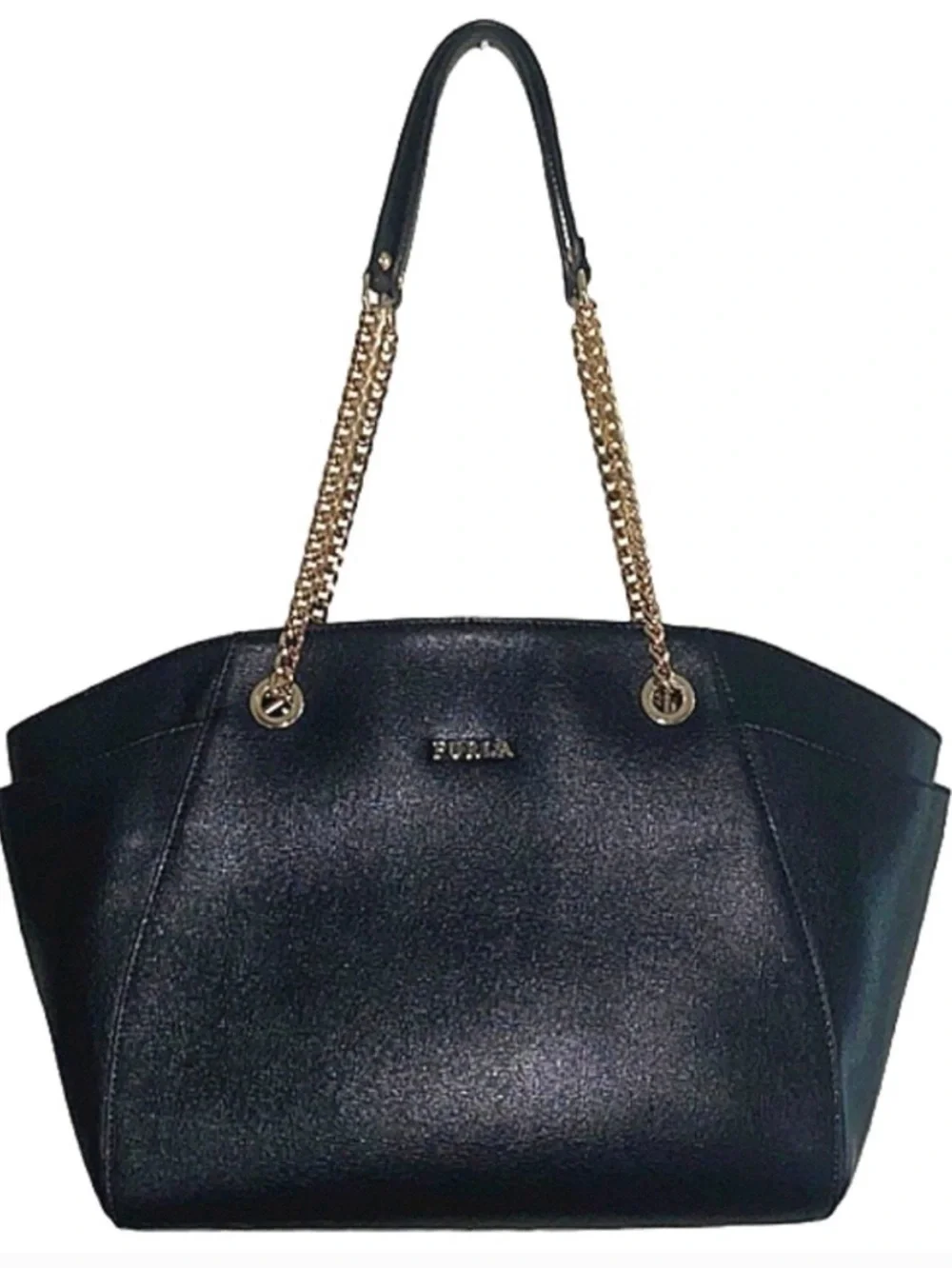 Furla Black Saffiano Leather Julia Tulip Tote with Gold Chain Straps